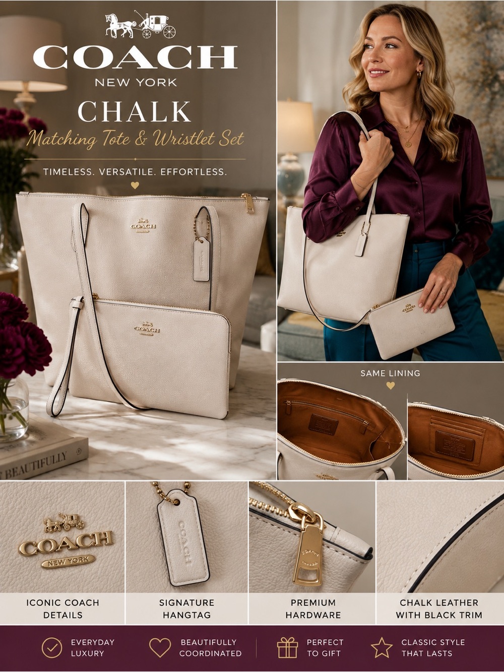 COACH SET-City Tote 4454 in White Chalk  Crossgrain Leather & Matching Wristlet